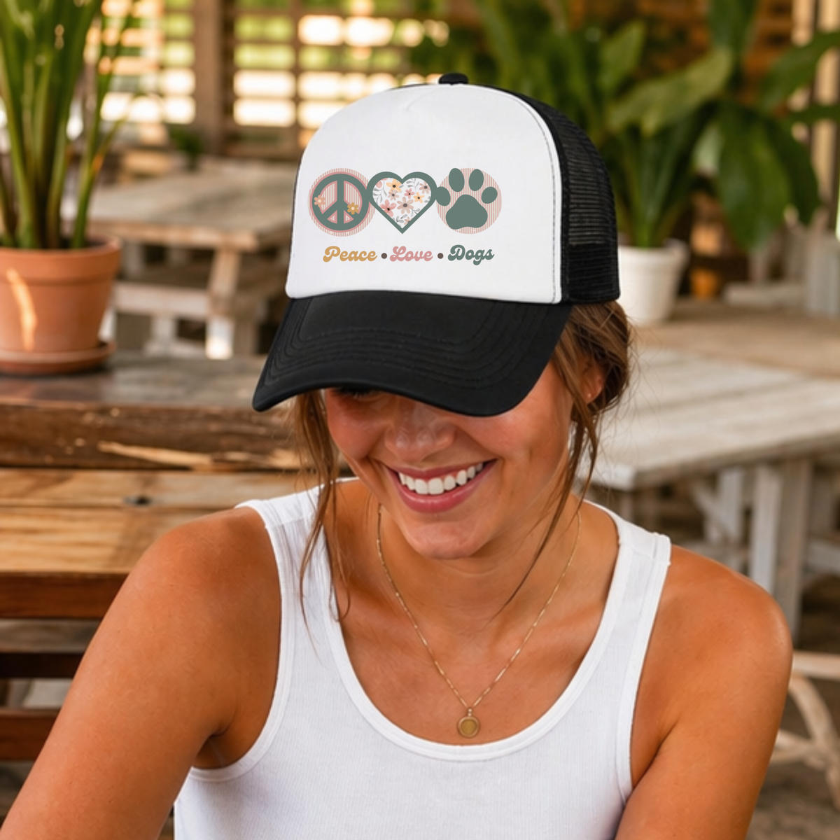 Peace Love Dogs Trucker Hat | Retro Dog Mom Hat | Boho Pet Lover Cap | Dog Lover Gift | Piper & Friends
