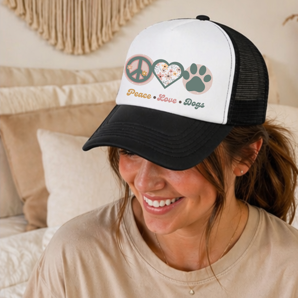 Peace Love Dogs Trucker Hat | Retro Dog Mom Hat | Boho Pet Lover Cap | Dog Lover Gift | Piper & Friends