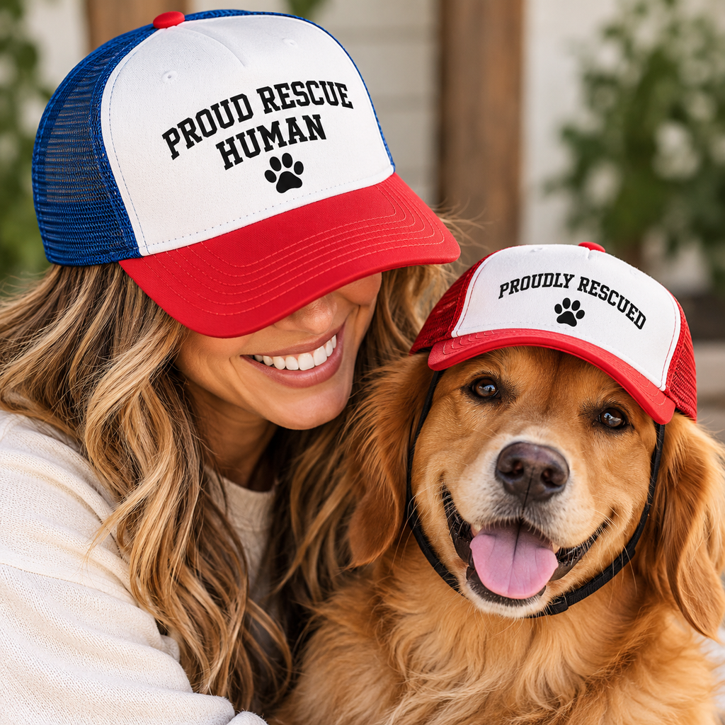 Proud Rescue Human + Proudly Rescued Matching Trucker Hat Set