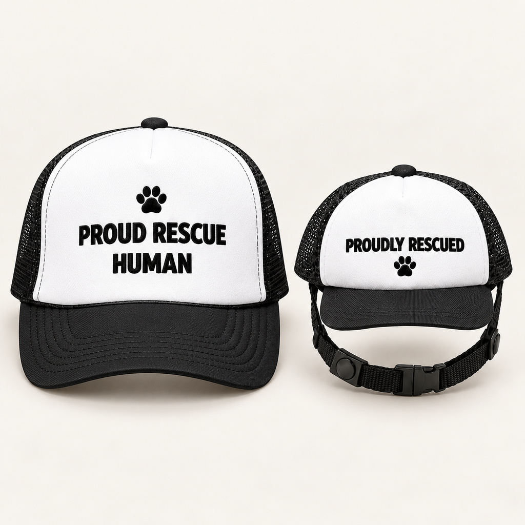Proud Rescue Human + Proudly Rescued Matching Trucker Hat Set