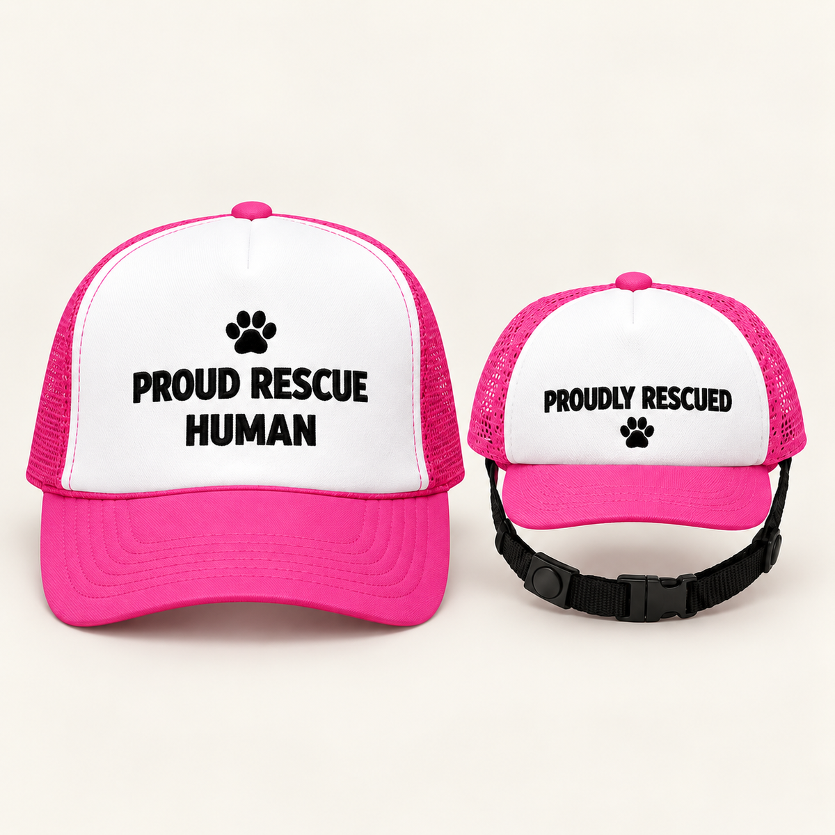 Proud Rescue Human + Proudly Rescued Matching Trucker Hat Set