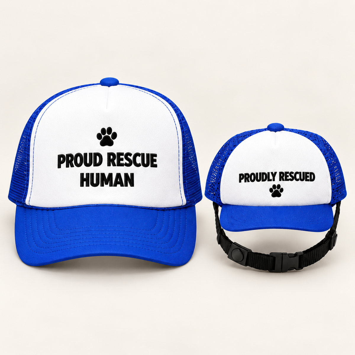 Proud Rescue Human + Proudly Rescued Matching Trucker Hat Set