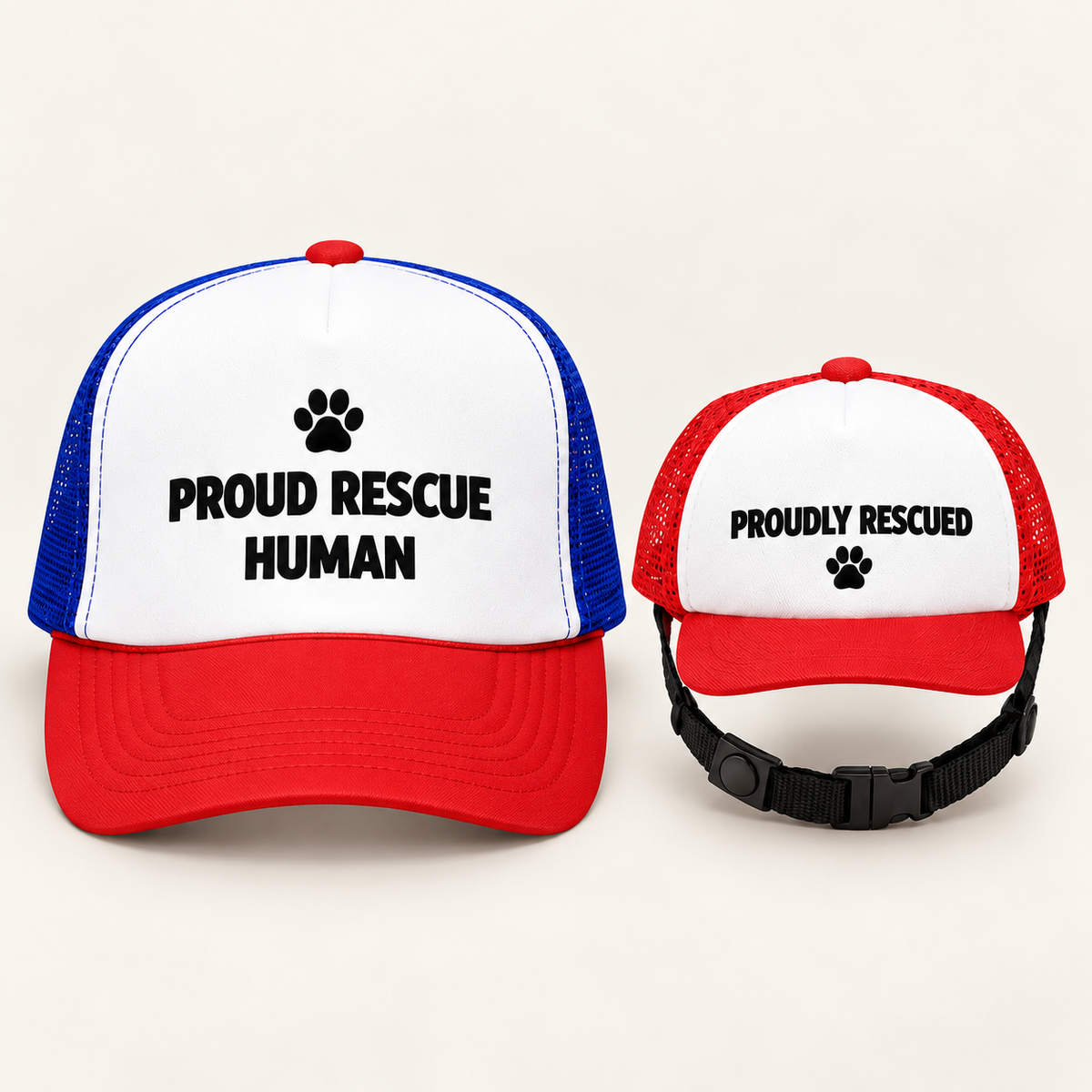 Proud Rescue Human + Proudly Rescued Matching Trucker Hat Set